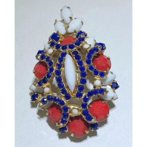 KJL Kenneth Jay Lane Vintage Red White Blue Rhinestone Pendant Brooch Pin - Picture 2 of 6